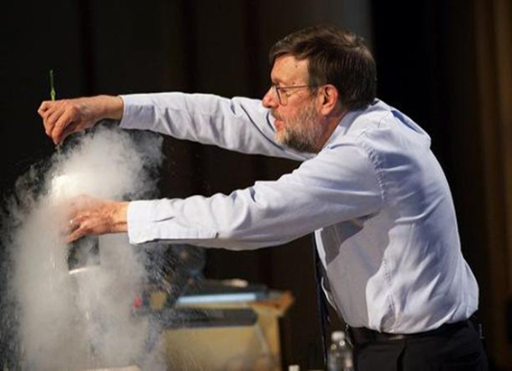 William Phillips plays with his favourite prop: liquid nitrogen  Photo courtesy of Perimeter Institute